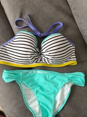 Striped Black & White Bandeau Bikini Top with Mint Green Bottoms